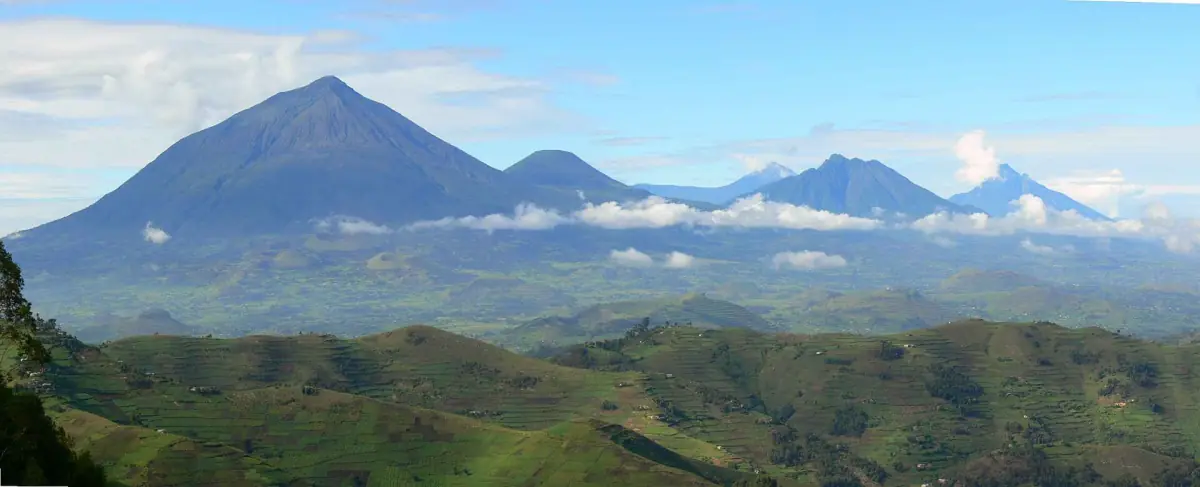 Virunga-vulkaanketen met de toppen van Mgahinga boven groene uitlopers
