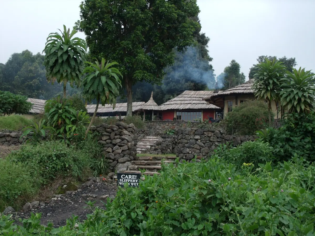 Thatched huts behind a stone wall with palms and smoke on the slopes
